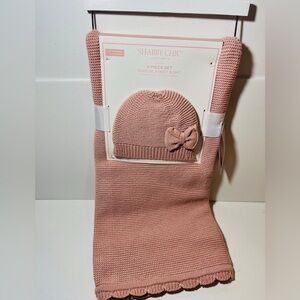 Shabby Chic 2 Piece Pink Baby Blanket 30" x 40" and Hat with Bow Set 0-6 Months